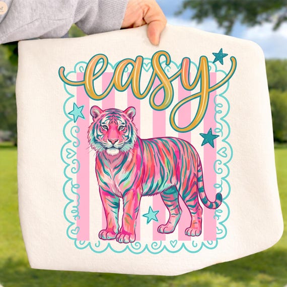 Preppy Easy Tiger Ready To Press DTF Transfer, Neon Colorful Tiger Shirt Design, Retro Coquette Aesthetic Graphic, Trendy Bold Animal Print