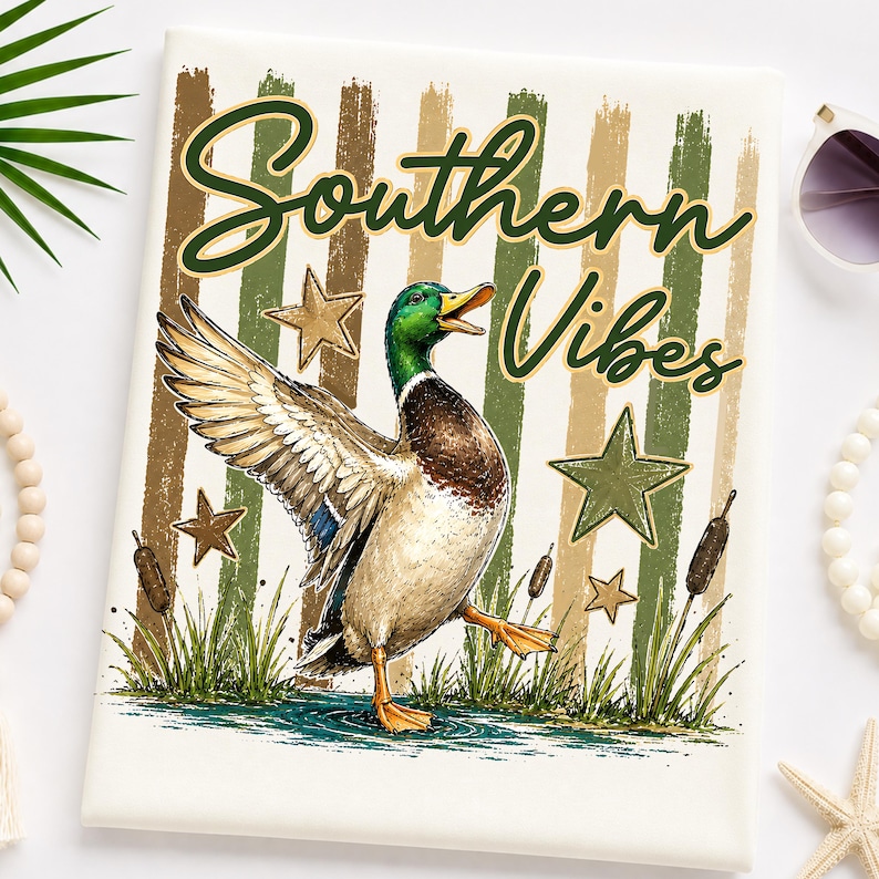 May include: A cream-colored decorative pillow featuring a mallard duck illustration with the text "Southern Vibes." The design includes green, brown, and tan stripes, stars, and cattails. The duck is depicted with its wing outstretched, walking in water.
