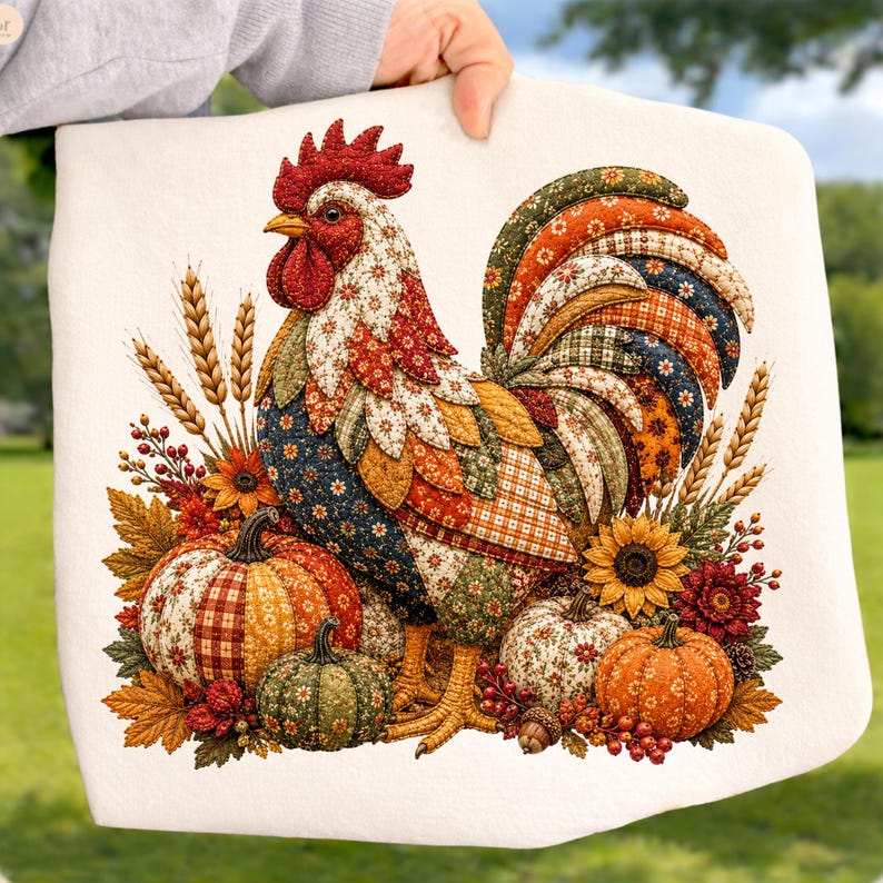 May include: A white fabric square featuring a colorful patchwork-style rooster illustration surrounded by autumn elements including orange and green pumpkins, sunflowers, wheat stalks, red berries, and fall leaves in shades of brown and gold.