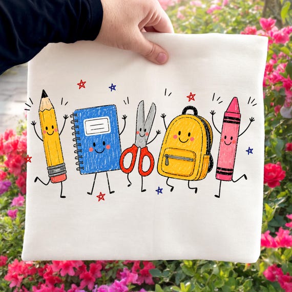 Cute School Supplies DTF Transfer, Back To School Kids Heat Transfer, Pencil Notebook Backpack Ready To Press DTF, Supplies Friends Iron-On
