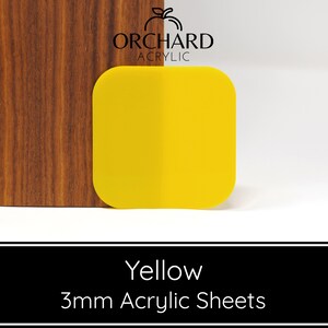 May include: A 3mm thick sheet of bright yellow acrylic plastic. The sheet is made by Orchard Acrylic.