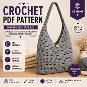 Crochet Pattern- Large Market Tote, Grid Shoulder Purse, Summer Beach Shopper Tutorial, PDF, English