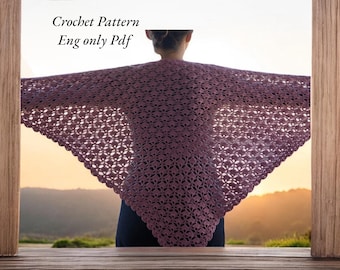 Crochet Pattern PDF,  Triangle Shawl, Easy Boho Lace Wrap, English, Easy and Beginner level
