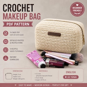 Patrón de ganchillo para neceser de maquillaje, estuche de cosméticos, tutorial fácil, ideal para principiantes, PDF, inglés
