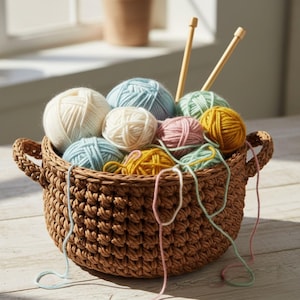 Op de afbeelding: Een bruine geweven mand gevuld met verschillende gekleurde bollen garen, waaronder wit, lichtblauw, roze en geel. Twee houten breinaalden zijn in de mand geplaatst. De mand heeft twee handvatten.