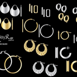 Puede incluir: Una colección de pendientes de oro y plata en varios estilos, incluyendo aros, tachuelas y colgantes, sobre un fondo negro. La imagen incluye el texto "Haley Rose Illustrator GOLD AND SILVER graphics".