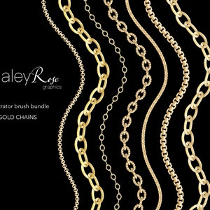 May include: A set of eight gold chain Illustrator brushes. The chains are different styles and thicknesses.  Haley Rose Graphics.