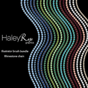 Puede incluir: Fondo negro con líneas onduladas de cadenas de pedrería en varios colores, incluyendo azul, verde y rosa. El texto "Haley Rose graphics" y "Illustrator brush bundle Rhinestone chain" es blanco.
