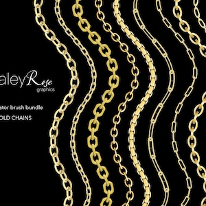 May include: A set of ten gold chain Illustrator brushes. The chains are different styles and thicknesses.  Haley Rose Graphics.
