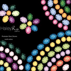 May include: A black background with colorful gem stones arranged in a flower shape and a curved line. The text "Haley Rose Graphics" and "Illustrator Gem Stones multi colors" is also included.