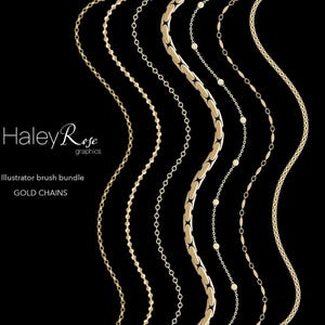May include: A set of nine gold chain Illustrator brushes. The chains are different styles and thicknesses. Haley Rose Graphics is the name of the creator.