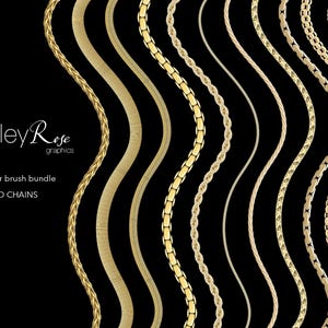 May include: An Illustrator brush bundle featuring gold chain designs. The image showcases various chain styles, including rope, curb, and box chains, in a wavy pattern against a black background. The text "Haley Rose graphics" and "GOLD CHAINS" are also visible.