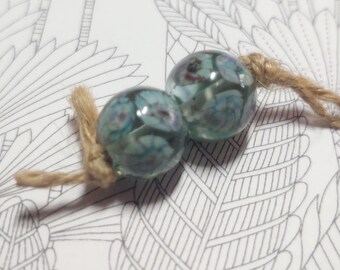 Prima Donna Designs - Handmade Lampwork Glass 007 Bead Pair Pale Aqua/Murrini