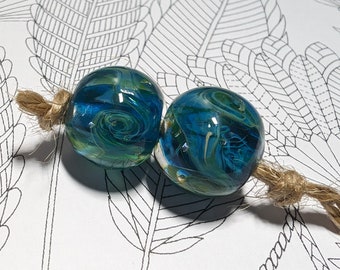 Prima Donna Designs - Handmade Lampwork Glass  Bead Set Aqua Silver Glass Swirls