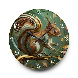 May include: Round wall clock featuring a detailed illustration of a squirrel with a brown and white body, set against a green background with floral accents. The clock has black hands and white numerals. The clock measures approximately 12 inches in diameter.