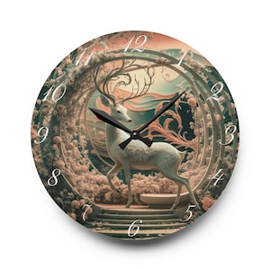 May include: Round wall clock featuring a white deer with large antlers, set against a backdrop of a dreamlike landscape with floral and cloud-like elements. The clock face has black hands and white numerals. The overall color palette includes soft pinks, greens, and creams.