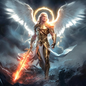 Peut inclure: Illustration numérique d'une figure céleste avec de grandes ailes blanches, un halo doré et une armure dorée. La figure tient une épée enflammée, debout sur une surface rocheuse avec un fond orageux. Thème fantastique.