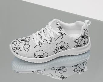 Zapatillas deportivas para mujer con estampado floral / Zapatillas deportivas Black Line Bloom, cómodas y casuales con cordones.