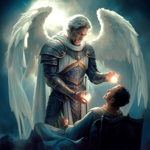 Peut inclure: Un ange ailé en armure blanche avec un plastron doré et des ailes blanches, tenant un orbe lumineux, se tient au-dessus d'une personne assise dans une robe bleue.