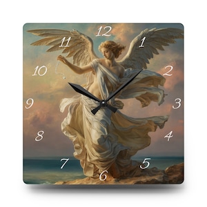 May include: Square wall clock featuring a classical painting of an angel with large wings, holding a string of pearls. The clock face has black hands and white numerals against a backdrop of a cloudy sky and ocean.
