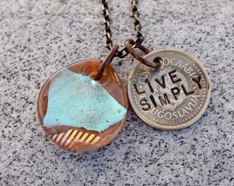 Dichroic Glass Pendant Boro Lampwork Stamped Coin Necklace - Live Simply