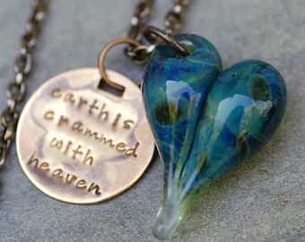 Graduation Gift Glass Heart Pendant Necklace Boro Lampwork Jewelry Handstamped Brass Tag, Blue Green - Earth is Crammed With Heaven