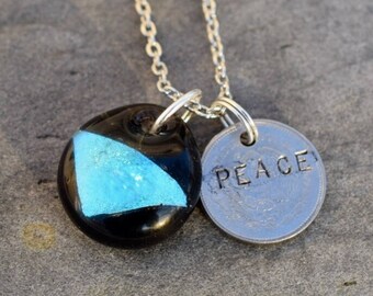 Dichroic Glass Pendant Boro Lampwork Stamped Coin Necklace - Peace