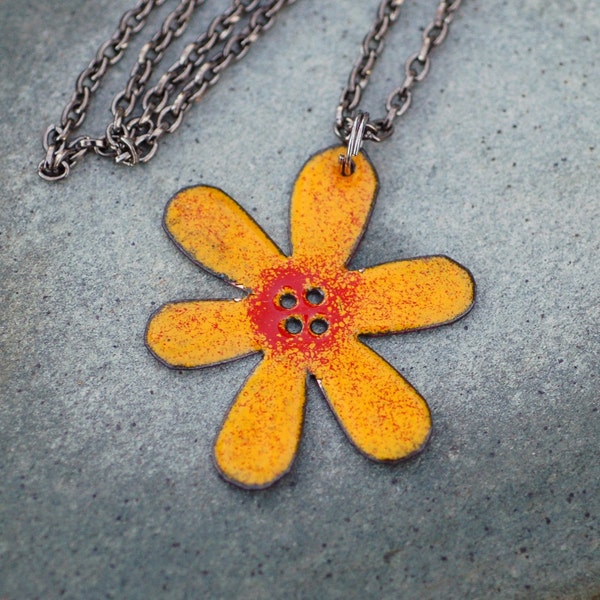 Enamel Flower Pendant, Necklace, Copper, Orange Red Enameled Jewelry - Fire Daisy