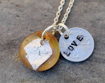 Dichroic Glass Pendant Boro Lampwork Stamped Coin Necklace - Love