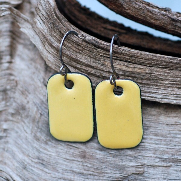 Enamel Earrings, Copper Rectangle, Small, Enameled Jewelry Yellow - Lemon