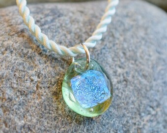 Dichroic Teeny Glass Pendant Boro Lampwork on Braided Satin Cord - Frosty Mint