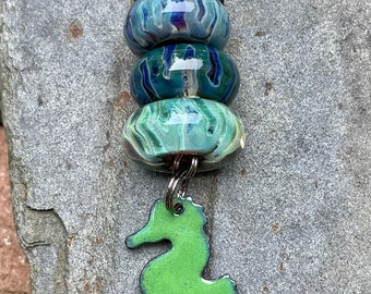 Seahorse Necklace Lampwork Glass Beaded Lariat Necklace Enameled Interchangeable Boro Borosilicate Handmade