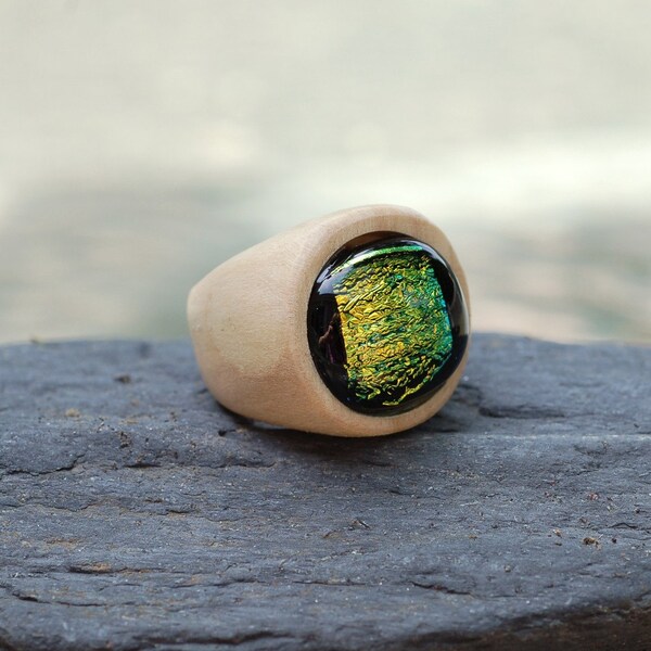 Wood Ring Glass Cab Fused Dichro Wooden Jewelry Green Size 8