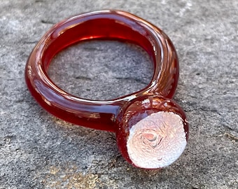Glass Ring Bubble Dichroic Lampwork Borosilicate Boro Statement Ring- Red Wine 8.25