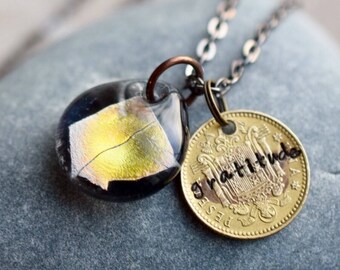 Dichroic Glass Pendant Boro Lampwork Stamped Coin Necklace - Gratitude