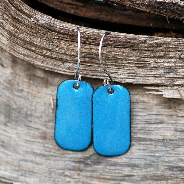 Small Turquoise Enamel Earrings Copper Dog Tag
