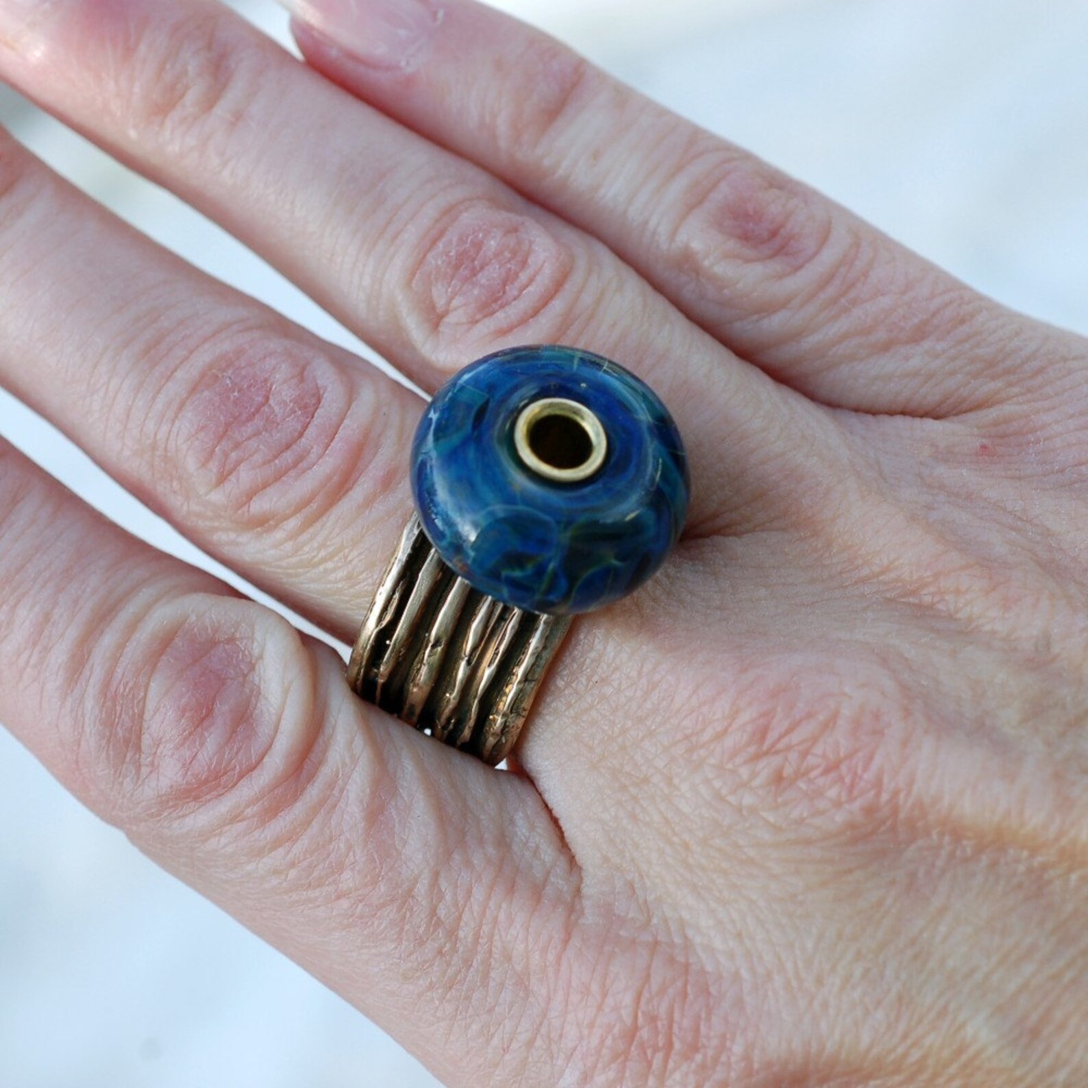 Ring Handmade Lampwork Glass Beaded Jewelry Bronze Band Etsy