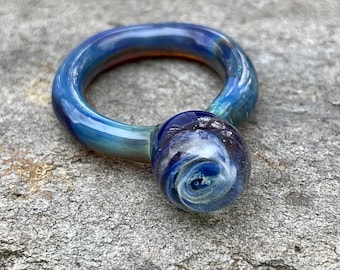 Glass Ring Bubble Lampwork Borosilicate Boro Statement Ring- Blue Green Swirl 5.75