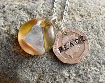 Dichroic Glass Pendant Boro Lampwork Stamped Coin Necklace - Peace
