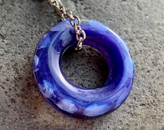 Big Holed Boro Lampwork Glass Bead Donut Necklace Borosilicate Handmade - Lavender Fields