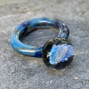Glass Ring Bubble Dichroic Lampwork Borosilicate Boro Statement Ring- Blue 7