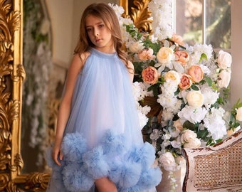 Blaues Blumenmädchenkleid, Blumenmädchenkleid Tüll, Babyhochzeitskleid, Kleinkind-Ballkleidkleid, Junior-Brautjungferkleid