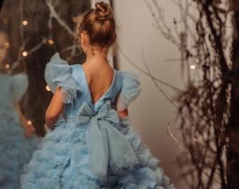 Robe de demoiselle d'honneur bleu clair, robe de demoiselle d'honneur en tulle, robe de demoiselle d'honneur junior, robe de mariée pour bébé, robe de bal pour tout-petit