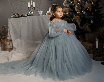 Robe de demoiselle d'honneur bleu clair, robe de demoiselle d'honneur en tulle, robe de bal pour tout-petit, robe de demoiselle d'honneur junior, robe de mariée pour bébé