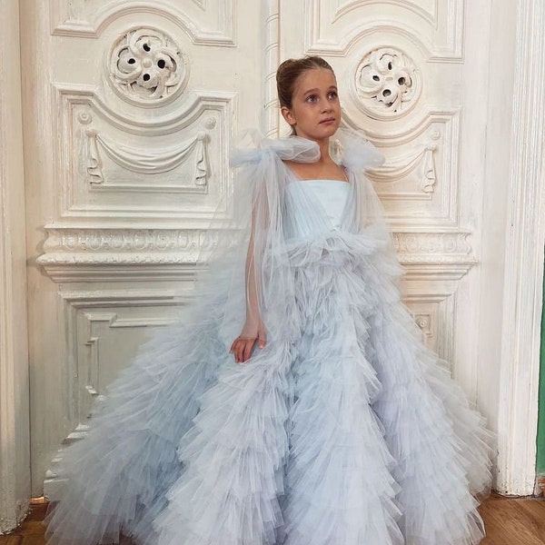 Robe de demoiselle d'honneur bleu clair, robe de demoiselle d'honneur en tulle, robe de demoiselle d'honneur junior, robe de mariée pour bébé, robe de bal pour tout-petit