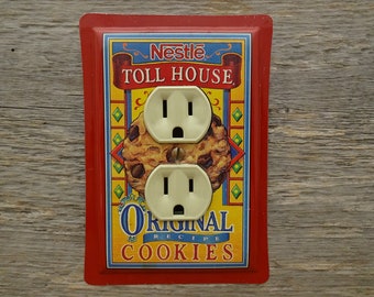 Kitchen Outlet Cover Handmade Lighting Recycled Tin Art Red Toll House Cookies Tins Yellow Decor OLC-1186