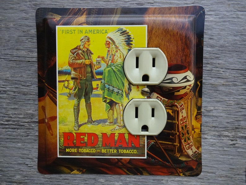 Cabin Decor Outlet Cover Rustic Lighting Red Man Tin Redman Etsy
