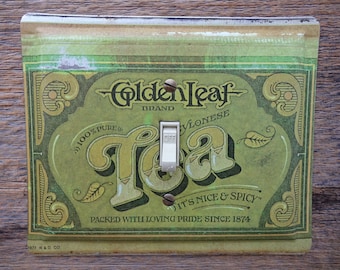 Upcycled Recycled Repurposed Advertising Tins Tin Light Switchplates Ballonoff Golden Leaf Tea Canisters Handmade Into Switch Plates SP-0058