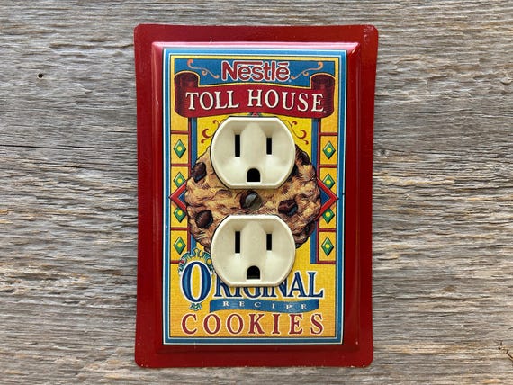 Kitchen Outlet Cover Handmade Lighting Recycled Tin Art Red Toll House Cookies Tins Yellow Decor