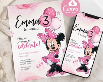 Invito di compleanno modificabile di Minnie Invito ispirato QUALSIASI ETÀ Digitale 5x7 Mouse Rosa Nero Pois Bambini Ragazze